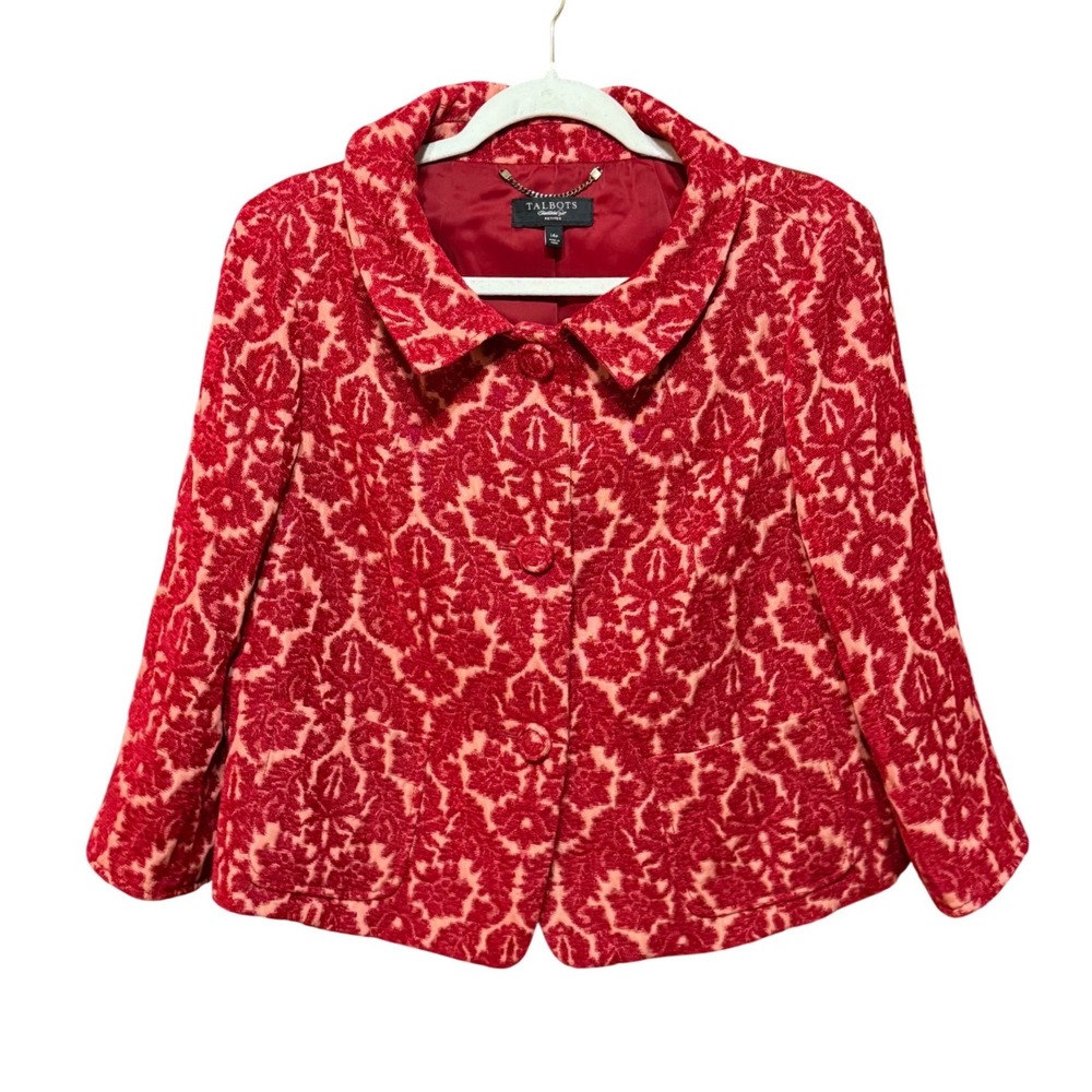 Talbots Petites Red Damask Jacquard Blazer Dark Academia Textured Festive 14P